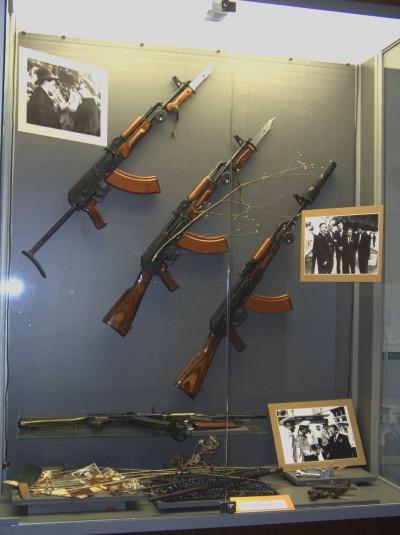 

Museum of Kalashnikov. This showcase features AKM versions: upper model - with folding butt-stock, next one - with wooden stock and different kind of bayonet, and the gun with the silencer.

