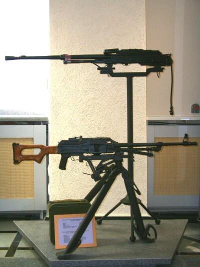 

Museum of Kalashnikov. There were modifications for airborne troops, for armored forces and so on, and PK-series (Pulemyot Kalashnikova) for 7.62 x 54 R caliber round was adopted as the standard general-purpose machine gun of the Red Army. Here you can see experimental model and standard PK machine gun. 

